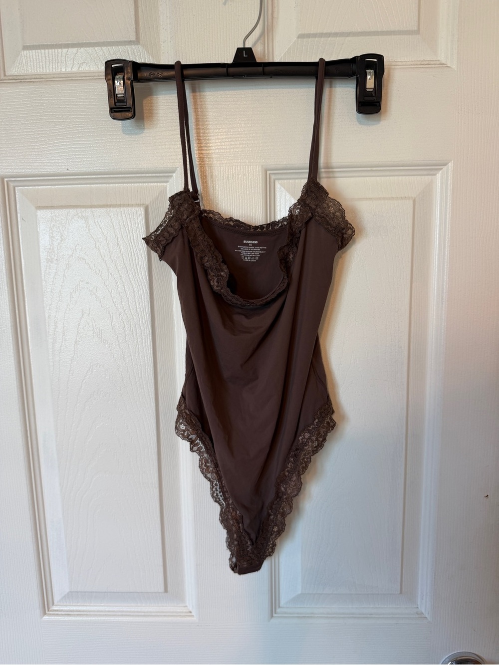 SUUKSESS Women’s One Piece Bodysuit Brown Solid Lace Trim Compression Body XS